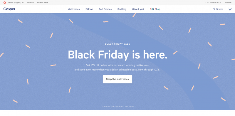 Casper.com promoting their Black Friday Sale on their Homepage